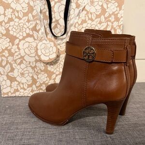 Tory Burch Brown Leather Ankle Booties with Logo Strap